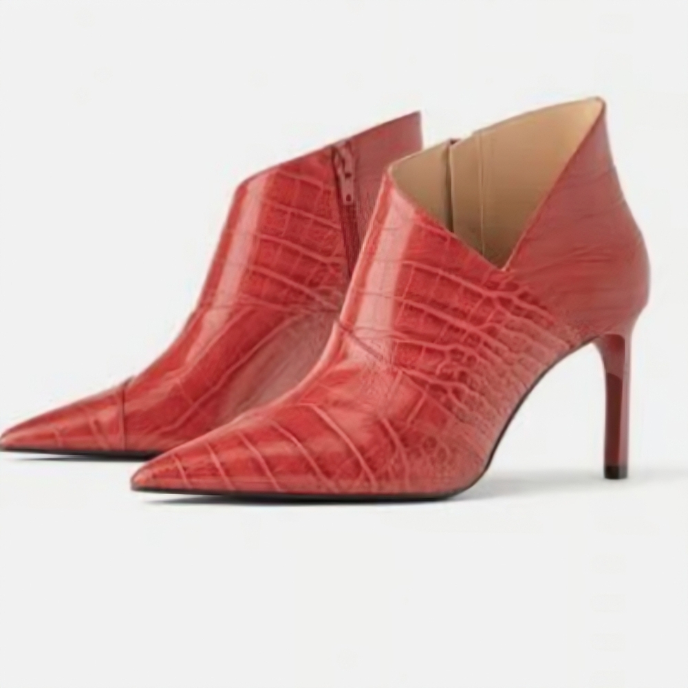 Zara Trafaluc Pointy Toe Red Faux Leather Animal Print Heel Ankle Bootie - Picture 8 of 9